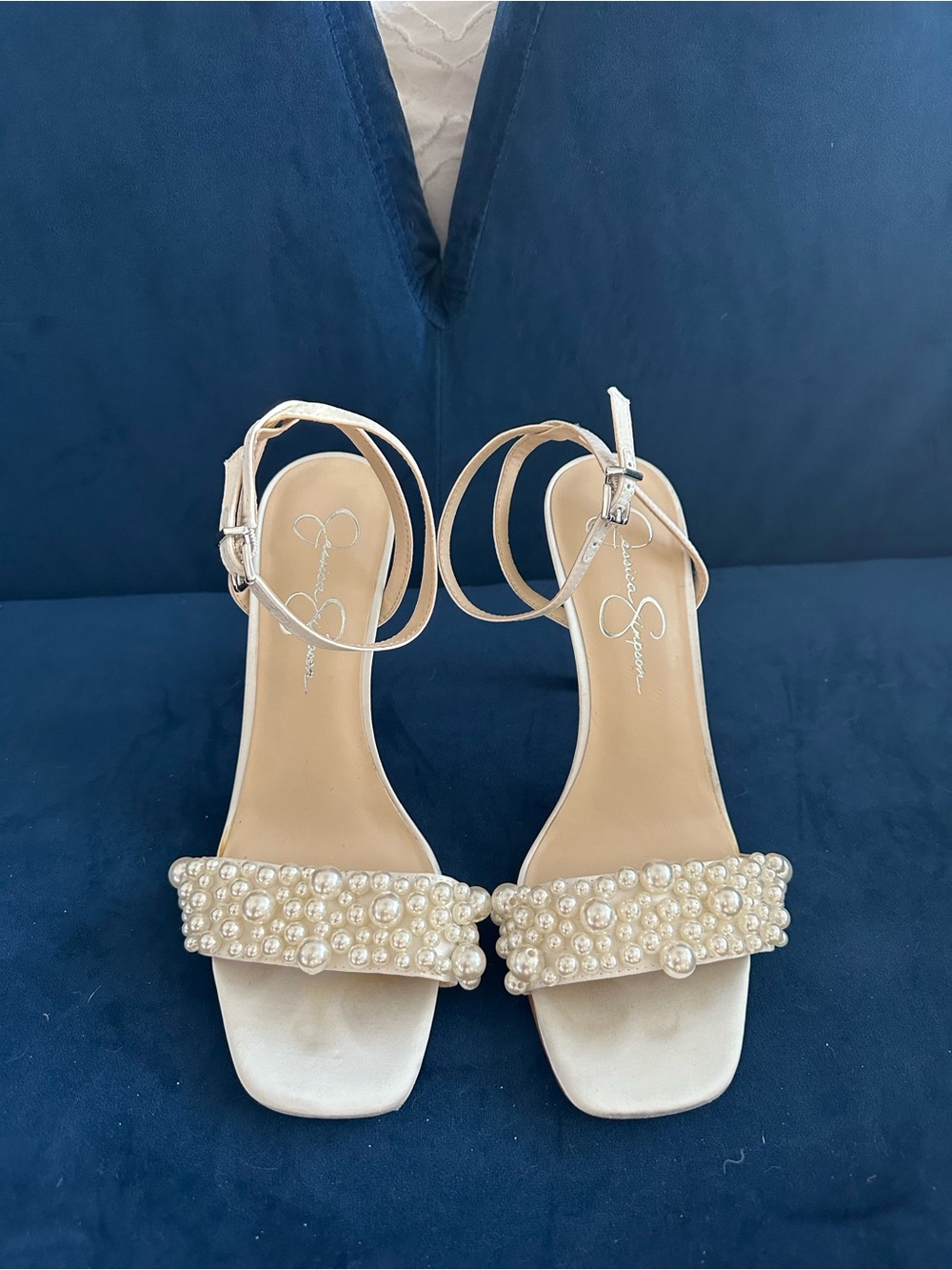 Jessica Simpson Ivory Pearl-Embellished Ankle-Strap Sandals